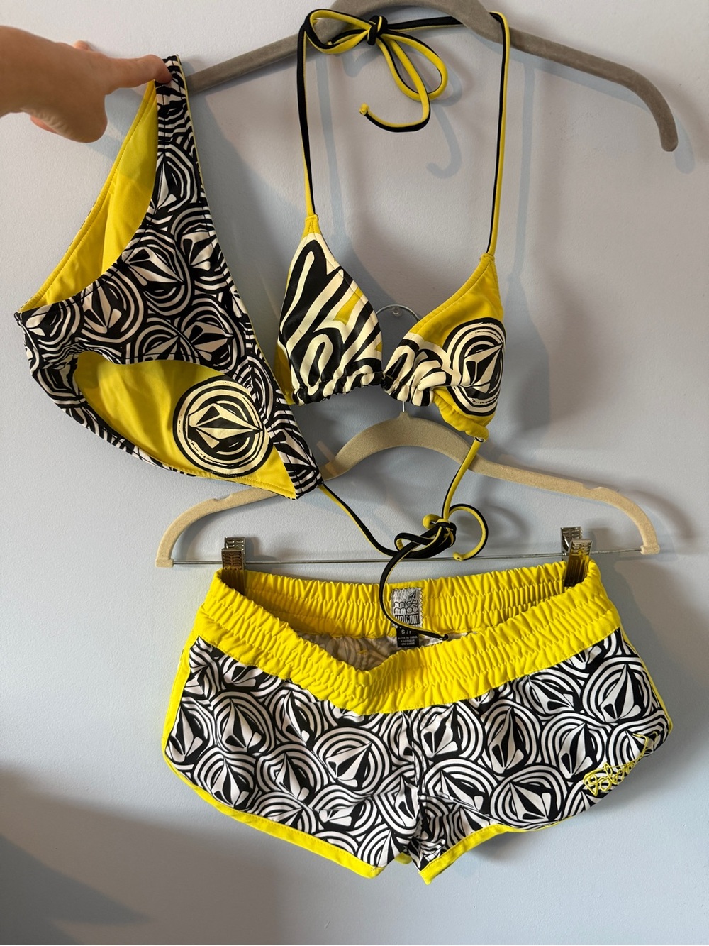 Volcom Yellow and Black Patterned Reversible Bikini Set with Shorts